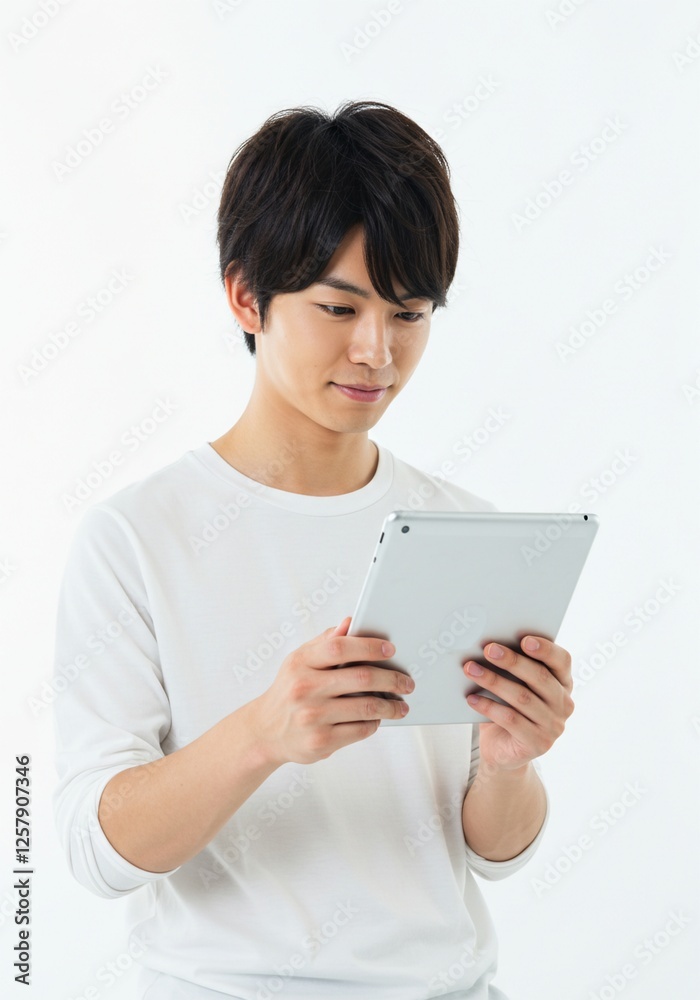 Happy young man using digital tablet wearing plain t-shirt isolated on white background . Ai generative Happy young man using digital tablet wearing plain t-shirt isolated on white background . Ai generative