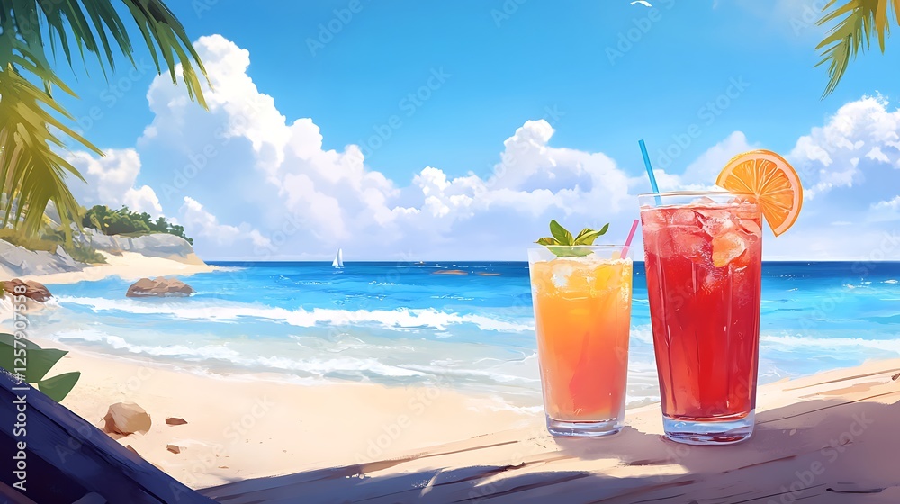 Obraz premium Tempting tropical cocktails on sunny oceanfront exotic drinks paradise scene