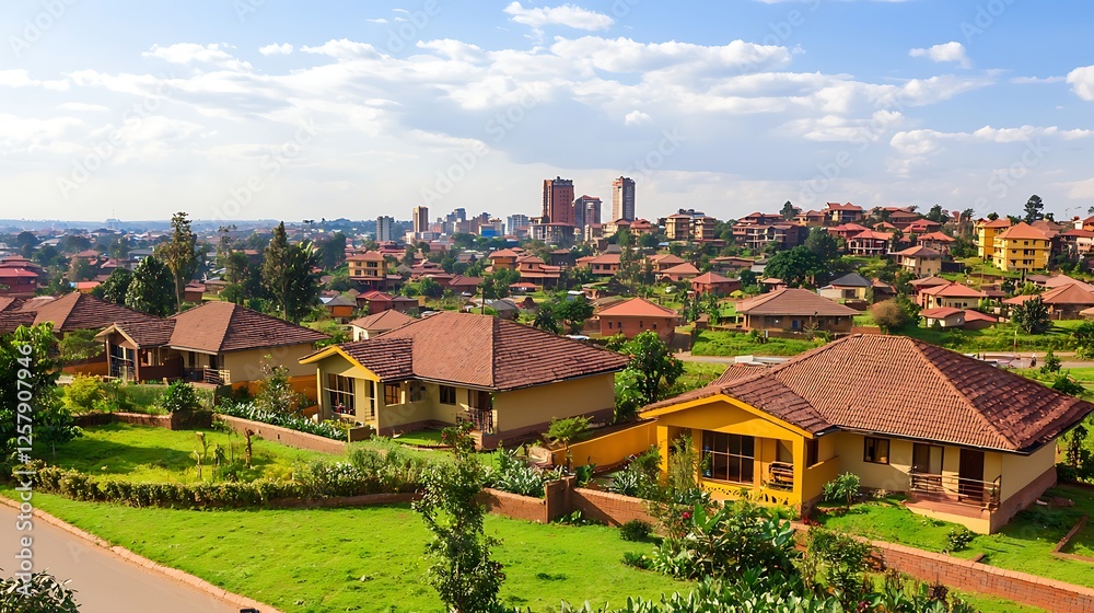 Obraz premium Hillside homes, city skyline view, sunny day, residential area