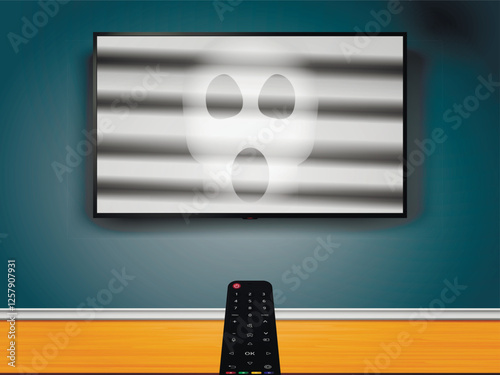 Horror scary movie concept. Watching TV with horror movie. Remote control is pointed at the TV on the wall with ghost face on screen.