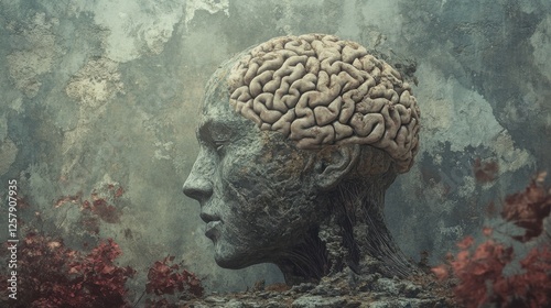 A surreal digital artwork depicting a human head, intricately revealing its internal brain structure in a mystical setting. impact of Huntington's disease on the brain, abstract photo