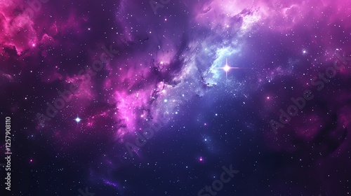 A starry night sky with a bright star and a nebula in shades of pink and blue.