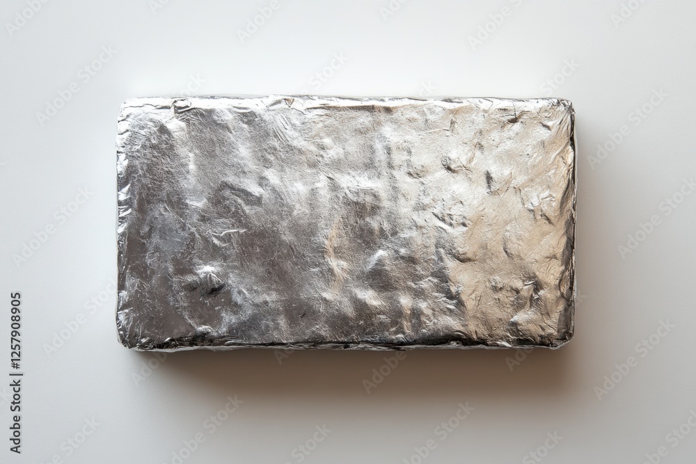 Rectangular object tightly wrapped in shiny silver aluminum foil Rectangular object tightly wrapped in shiny silver aluminum foil
