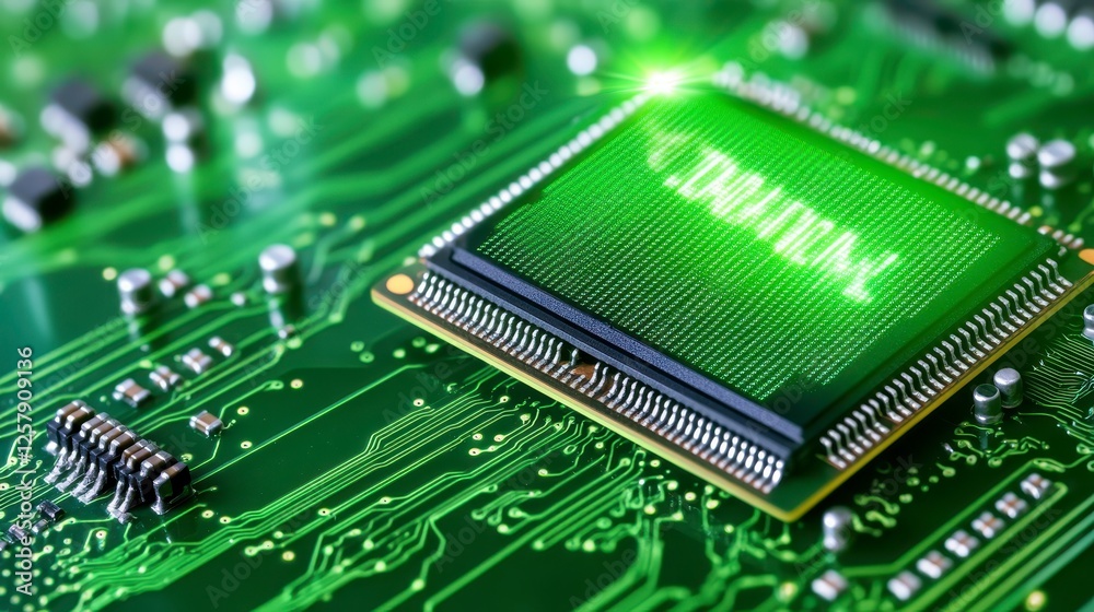 Close up view of a central processing unit chip on a green circuit board, glowing green text is on the cpu chip, technological concept, illuminated Close up view of a central processing unit chip on a green circuit board, glowing green text is on the cpu chip, technological concept, illuminated