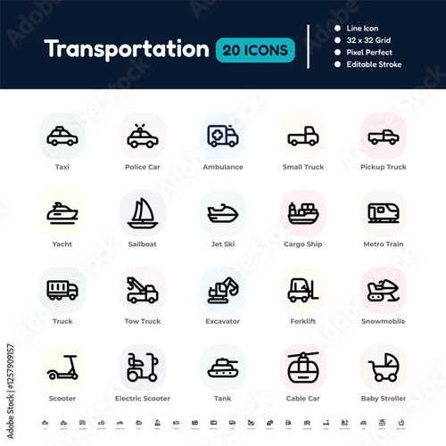 Transportation Line Icon Set – Pixel Perfect Editable Stroke Vector Design