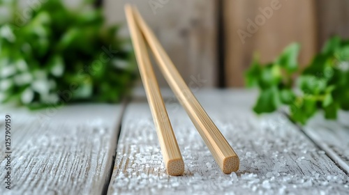 • A pair of polished wooden chopsticks is neatly placed in the center of a flawless white surface, paying homage to East Asian dining practices. The gentle wood grain and tapered tips are shown  photo