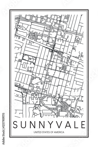 Printable downtown road map poster of the USA city of SUNNYVALE on solid white background with city name