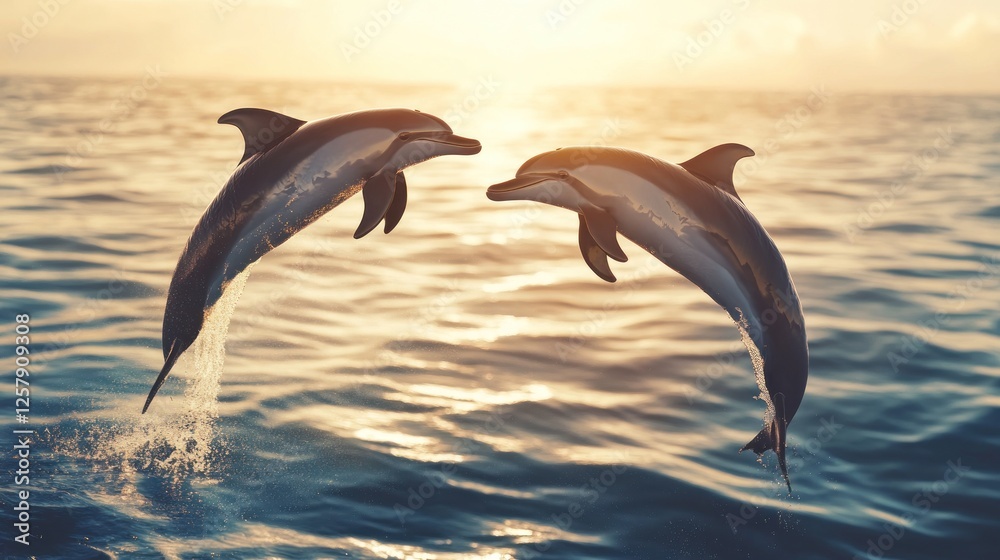 Obraz premium Two Dolphins Leaping at Sunset