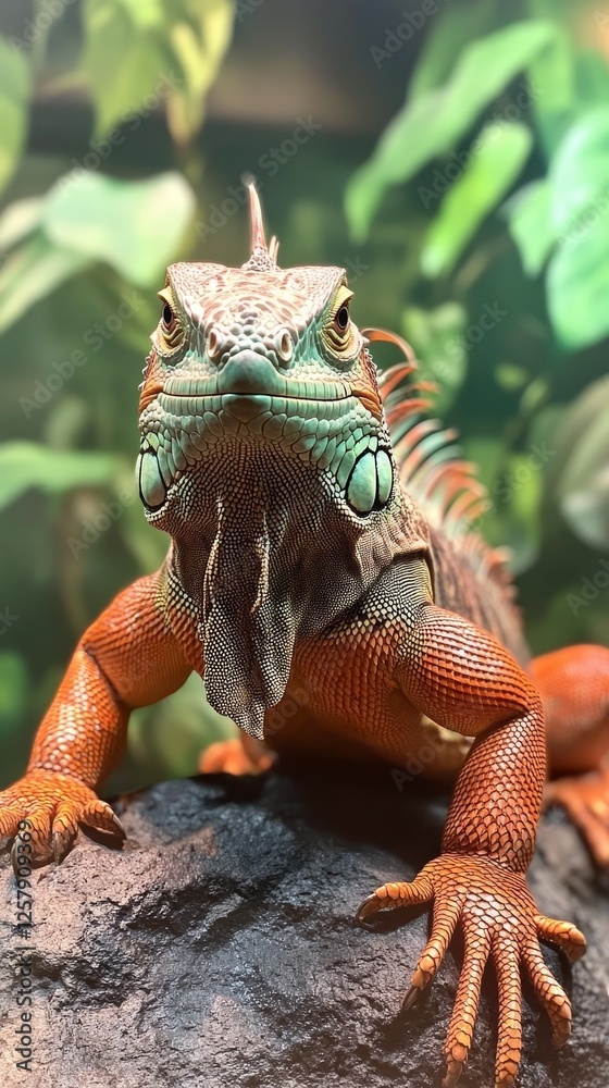 Obraz premium A colorful iguana sits confidently on a lava rock with lush green foliage in the background, showcasing its vibrant scales.