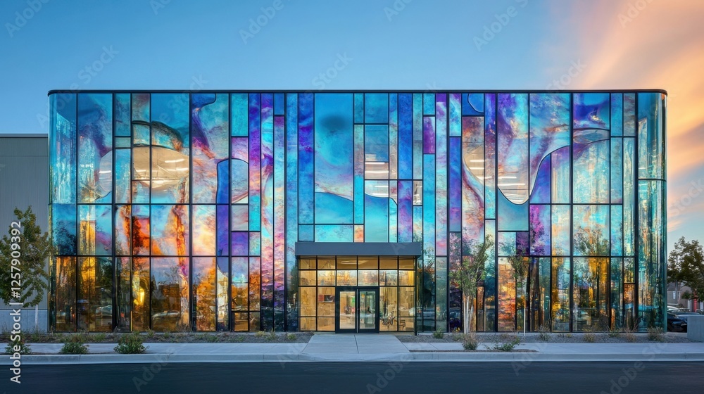 Urban building with an abstract exterior featuring mirrored and colorful glass panels Urban building with an abstract exterior featuring mirrored and colorful glass panels