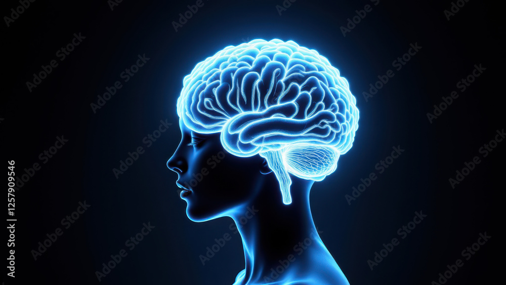 Obraz premium A digital illustration of a human head with an AI-generated brain overlaid on it.