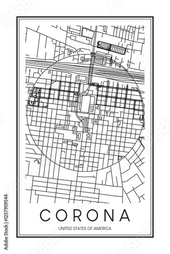 Printable downtown road map poster of the USA city of CORONA on solid white background with city name