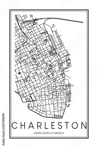 Printable downtown road map poster of the USA city of CHARLESTON on solid white background with city name