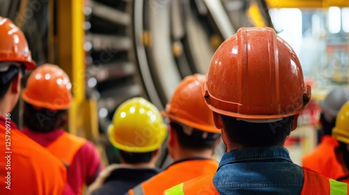Industrial Workers in Hard Hats Observing Machinery