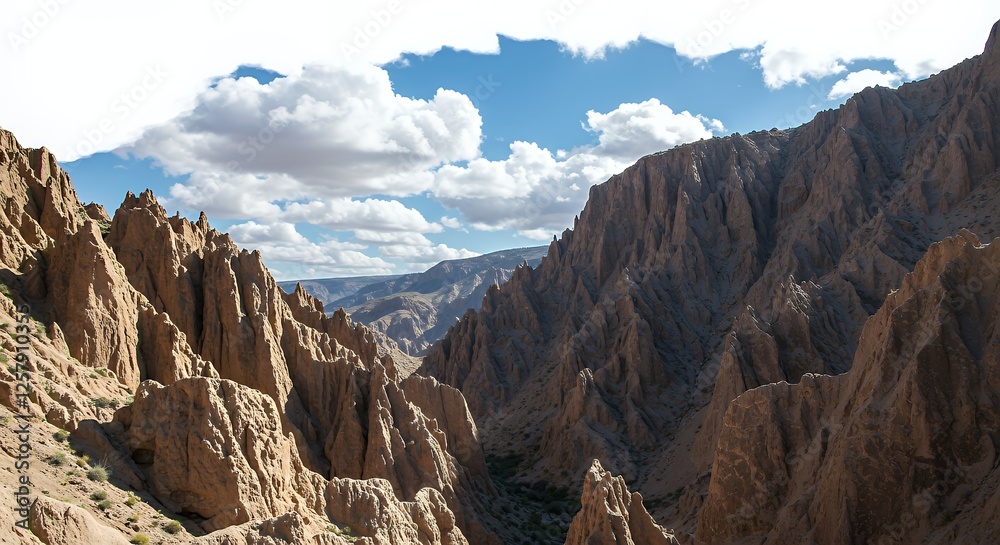 Fototapeta premium Exploring Jagged Cliffs Canyon with Dramatic Sky and Distant Mountain Views
