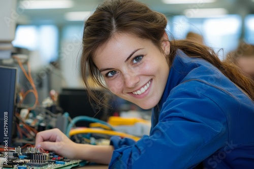A worker in an electronics manufacturing plant is soldering a component