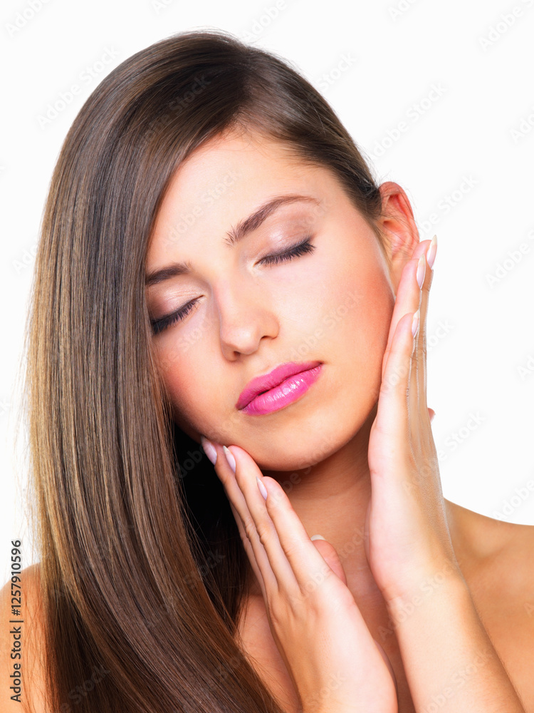 Woman, hair and relax with makeup for beauty, facial or cosmetics on a white studio background. Calm, female person or model with haircare, smooth skin or spa for glow up, shine or salon treatment Woman, hair and relax with makeup for beauty, facial or cosmetics on a white studio background. Calm, female person or model with haircare, smooth skin or spa for glow up, shine or salon treatment