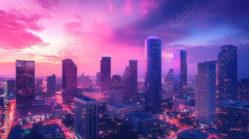 Wallpaper Mural Urban skyline with surreal glowing office buildings, pink and purple hues Torontodigital.ca
