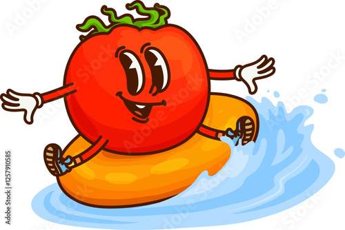 Cartoon groovy tomato vegetable character enjoying a fun summer vacation on an inflatable ring. Vector ripe and cheerful veggie retro y2k personage having water adventure blast on a colorful floater