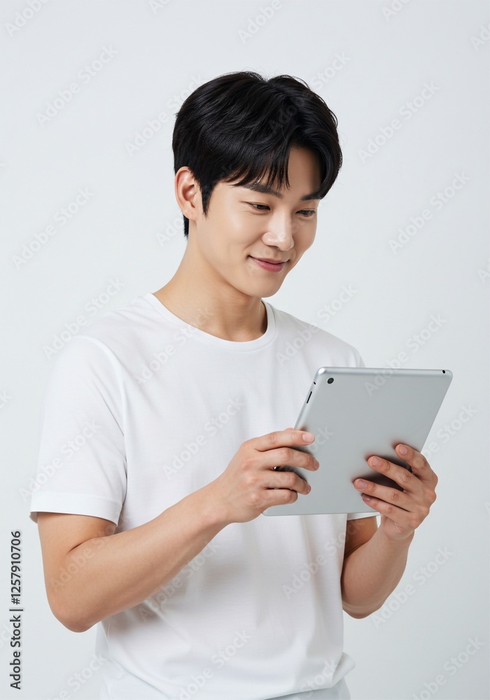 Happy young man using digital tablet wearing plain t-shirt isolated on white background . Ai generative Happy young man using digital tablet wearing plain t-shirt isolated on white background . Ai generative
