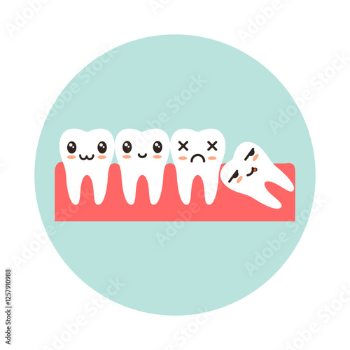 Dental arch with a wisdom tooth with kawaii emotion. Concept of dental problems. Vector flat icon.