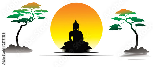 Vesak Day Monochrome Silhouette – Buddha Meditation on Lotus