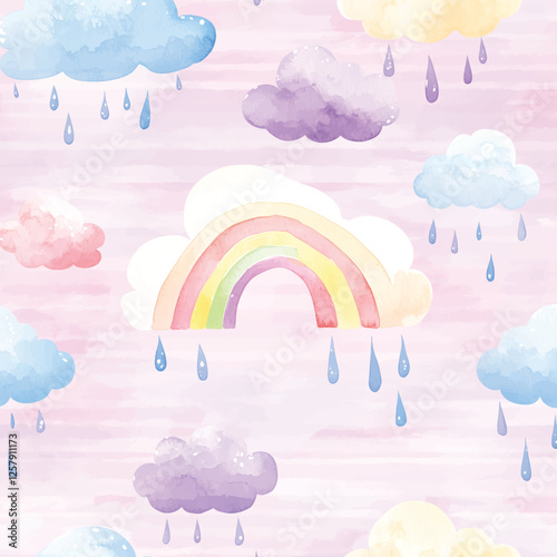Watercolor Pastel Clouds Rainbow Stripes Seamless Pattern Dreamy Sky Abstract Soft Whimsical Background for Nursery and Fabric Design	
