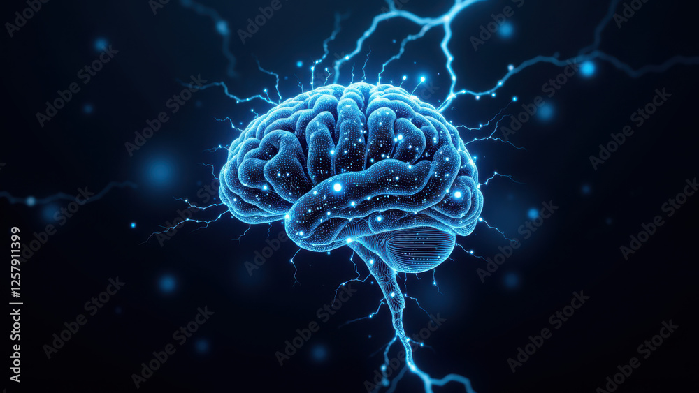 Illustration of a human brain with AI-themed blue electrical sparks. Illustration of a human brain with AI-themed blue electrical sparks.