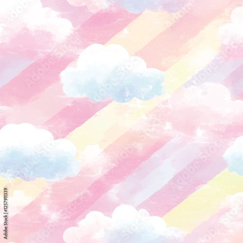 Watercolor Pastel Clouds Rainbow Stripes Seamless Pattern Dreamy Sky Abstract Soft Whimsical Background for Nursery and Fabric Design