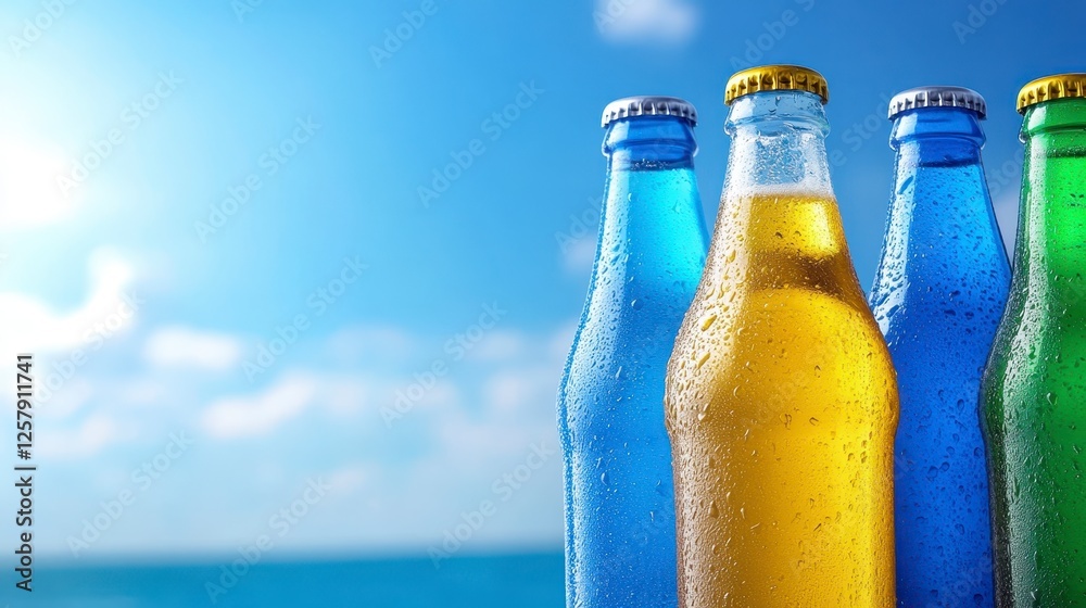 Four colorful glass bottles, blue, green, yellow, and light blue, stand in a row against a vibrant backdrop of a bright sky and ocean. The bottles Four colorful glass bottles, blue, green, yellow, and light blue, stand in a row against a vibrant backdrop of a bright sky and ocean. The bottles