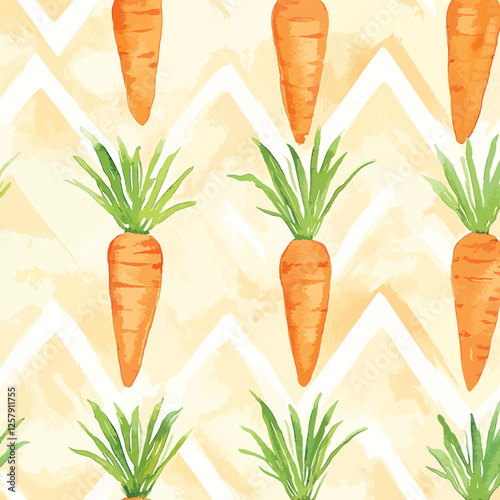 Watercolor Carrot Seamless Pattern with Green Leaves, Yellow Geometric Abstract Background, Farm Vegetable Design, Organic Healthy Food Illustration	
