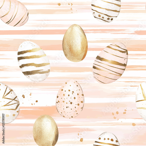 Watercolor Easter Eggs Pattern with Gold Accents, Pastel Stripes, Blush Pink Background, Festive Spring Holiday Design, Seamless Elegant Decorative Illustration	