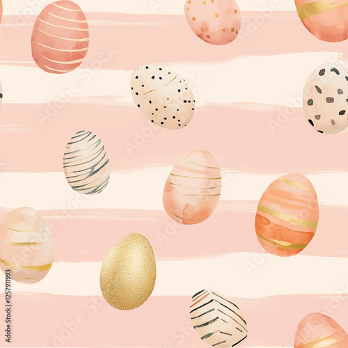 Watercolor Easter Eggs Pattern with Gold Accents, Pastel Stripes, Blush Pink Background, Festive Spring Holiday Design, Seamless Elegant Decorative Illustration