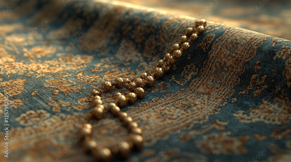 Golden beads necklace on patterned fabric, sunlight Golden beads necklace on patterned fabric, sunlight