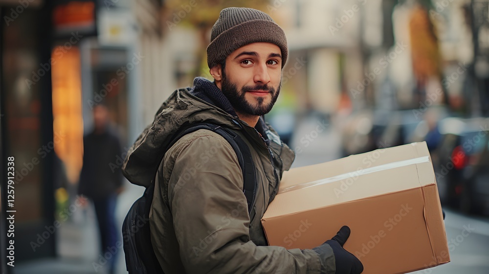 Courier with package: A bearded man delivers a cardboard box on a city street, looking towards camera. Courier with package: A bearded man delivers a cardboard box on a city street, looking towards camera.