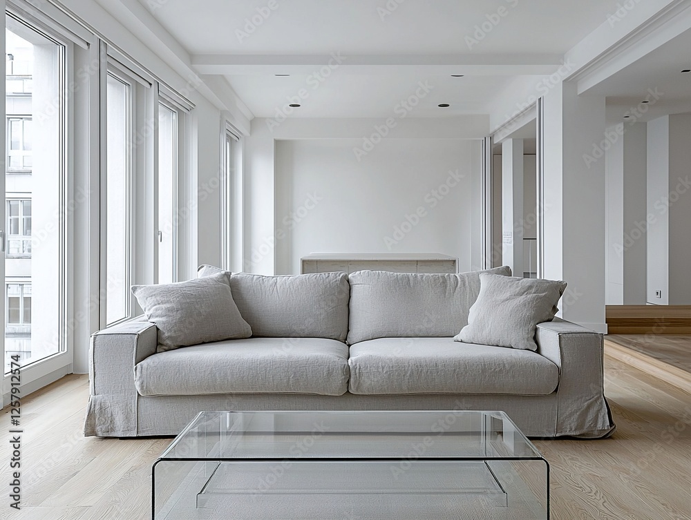 Fototapeta premium A modern interior design of a spacious living room with a mini-reelst interior living room, with large windows and a sofa. Generative AI 