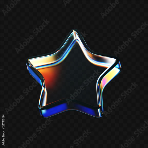 3D glass star icon with refraction and holographic effect isolated on dark background. Render transparent glass star with overlay dispersion light, rainbow gradient. 3d vector morphism