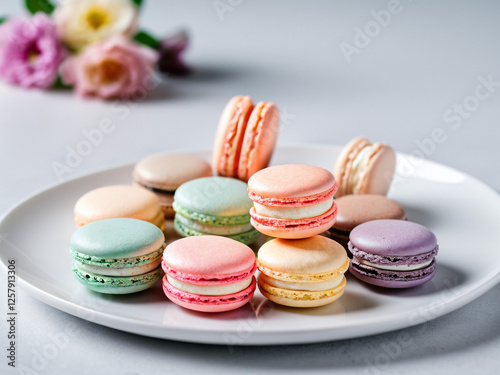 Macarons in pastel colors arranged elegantly on a white plate