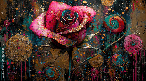 Artistic Pink Rose with Gold on Abstract Decorative Background as Wallpaper Illustration
