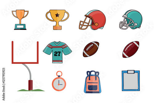 American football clip art illustration 3d vector bundle, Football sport award helmet uniform and goal shoe helmet, jersey with all instrument set