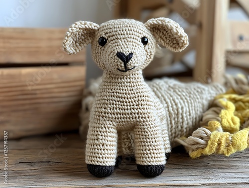 • A petite crocheted charm of the Chinese zodiac rat, featuring black beaded eyes and a tiny embroidered face, is displayed in the middle of a vivid white field. The strong, consistent lighting  photo