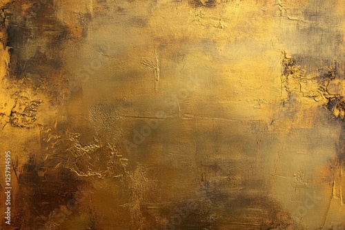 Abstract painting featuring textured strokes of shimmering gold and brown photo