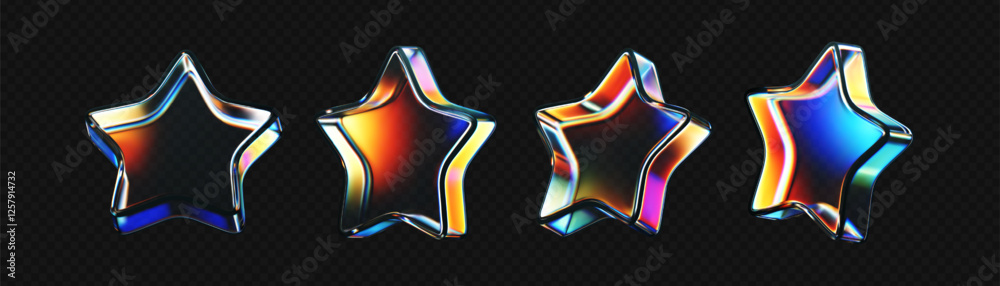 3D glass star icon set with refraction and holographic effect isolated on dark background. Render transparent glass star with overlay dispersion light, rainbow gradient. 3d vector morphism