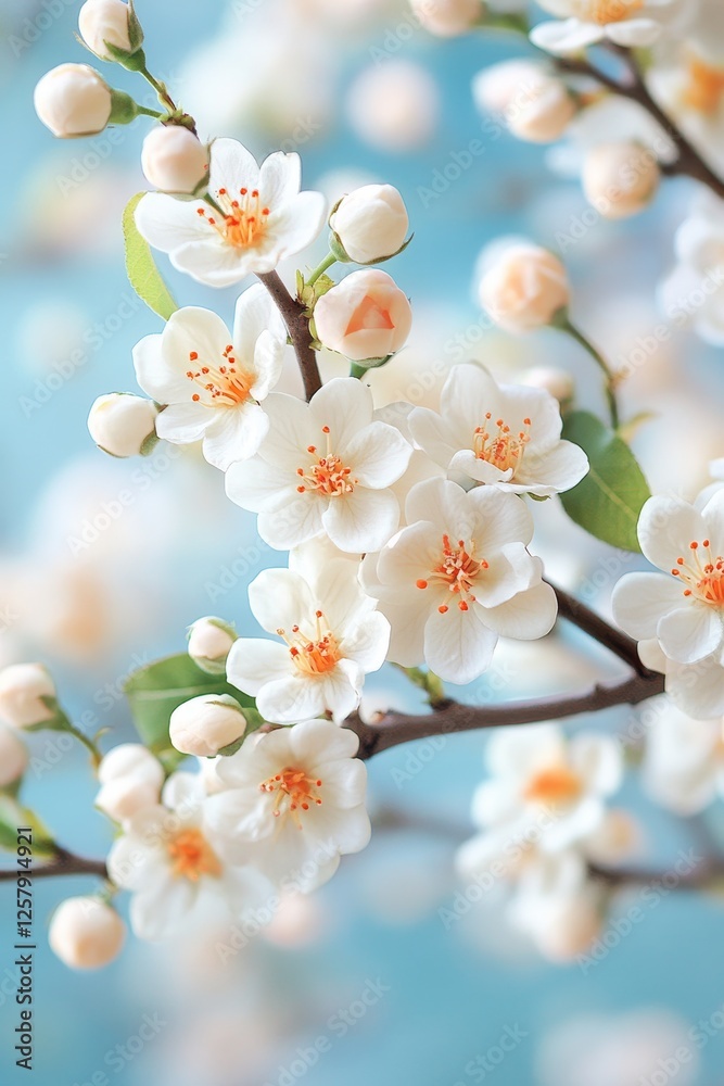 Obraz premium Gentle Spring Blooms Delicate White Flowers on a Branch with Blurry Azure Sky Background