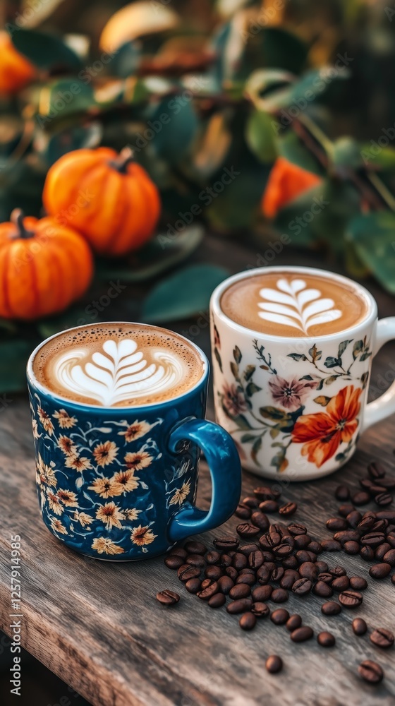 Two floral mugs with latte art on a wooden table, surrounded by coffee beans and decorative pumpkins in an autumn setting. Two floral mugs with latte art on a wooden table, surrounded by coffee beans and decorative pumpkins in an autumn setting.