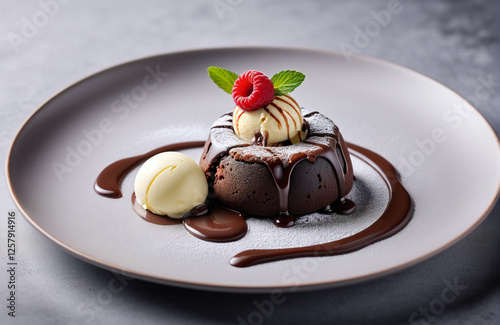 Chocolate lava cake with melting core and vanilla ice cream on the side