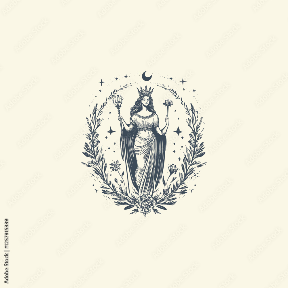 Obraz premium Hera ancient greek Goddess of marriage design vector template logo t-shirt illustration