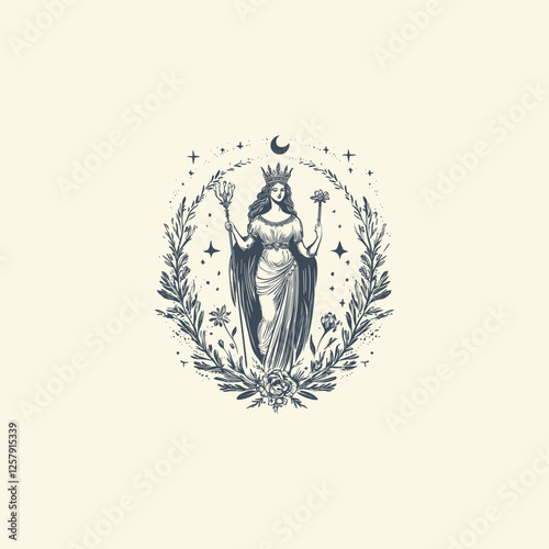 Hera ancient greek Goddess of marriage design vector template logo t-shirt illustration