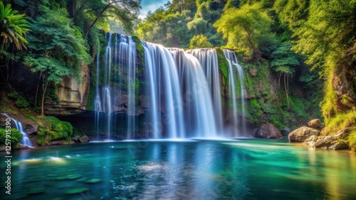 waterfall cascading down into the water, calm waters