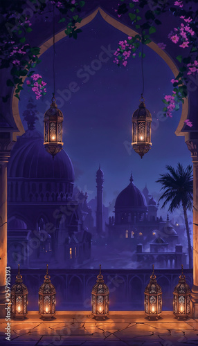 Serene Nighttime Scene Through An Ornate Archway, Ramadan Mubarak